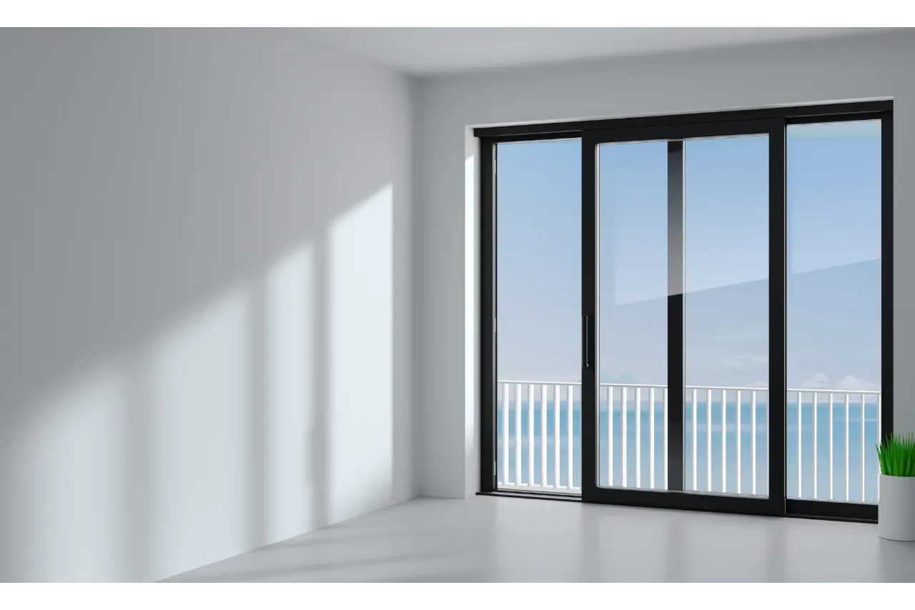 Porta de correr em alumínio preto com quatro folhas de vidro temperado em ambiente minimalista branco, com vista para varanda e mar ao fundo.